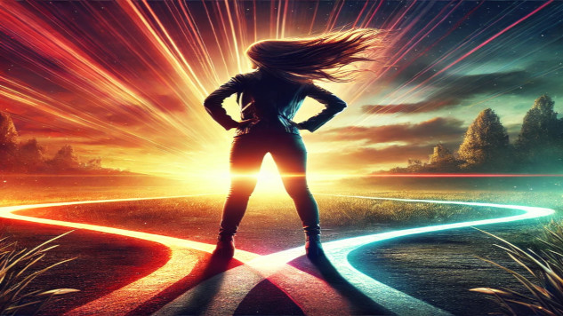 a woman with wind blowing on her hair standing at a crossroads in full sun